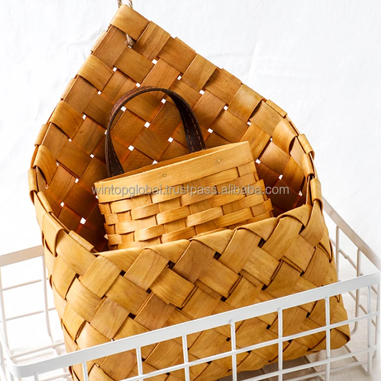 Cheap Customizable Wholesale Wood Chip Woven Gift Basket Handle Empty