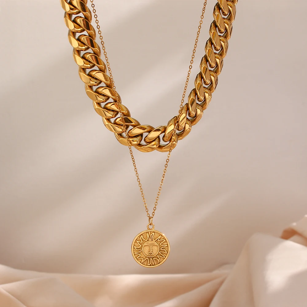 펑크 힙합 쥬얼리 스테인레스 스틸 쥬얼리 태양 새겨진 디스크 코인 서클 라운드 Chunky 쿠바 링크 체인 펜던트 목걸이 세트|  Alibaba.com