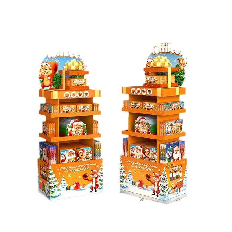 Easy Assembly 4-Shelf Supermarket Display Stand Corrugated Cardboard Floor with Removable Shelves for Promotions