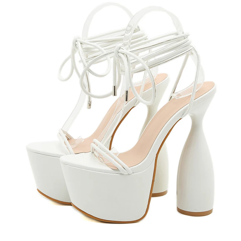 
 Fashion  2021 Summer Sexy lace up heel Peep Toe Ankle Strap women Sandals Platform Strange High Heels Party Stripper white Shoes  