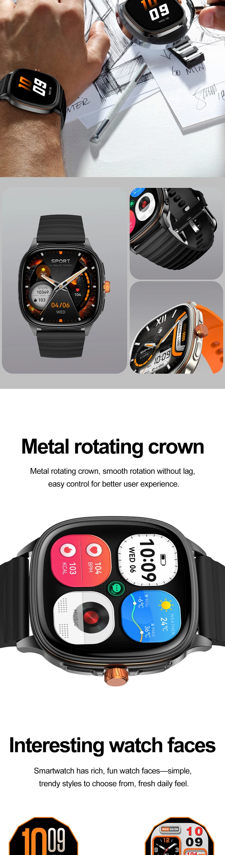 product hot design 2026 smart watch hk73 black orange ultra thin body 173inch amoled screen custom faces bt calling unisex smartwatch-7