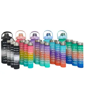 4 in 1 set plastic gradient color bpa free fitness gym sport motivational 4pcs water bottle set with time marker