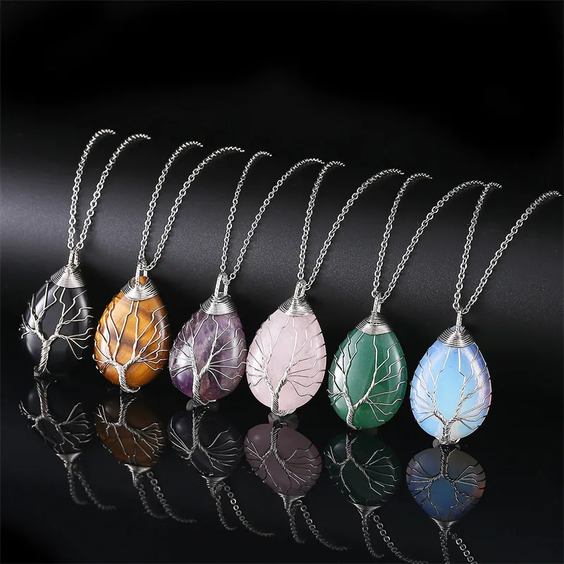 Tree of Life Wire Wrapping Pendant Natural Stone Drop Shape Crystal Pendant  Gemstone Necklace Fashion Jewelry