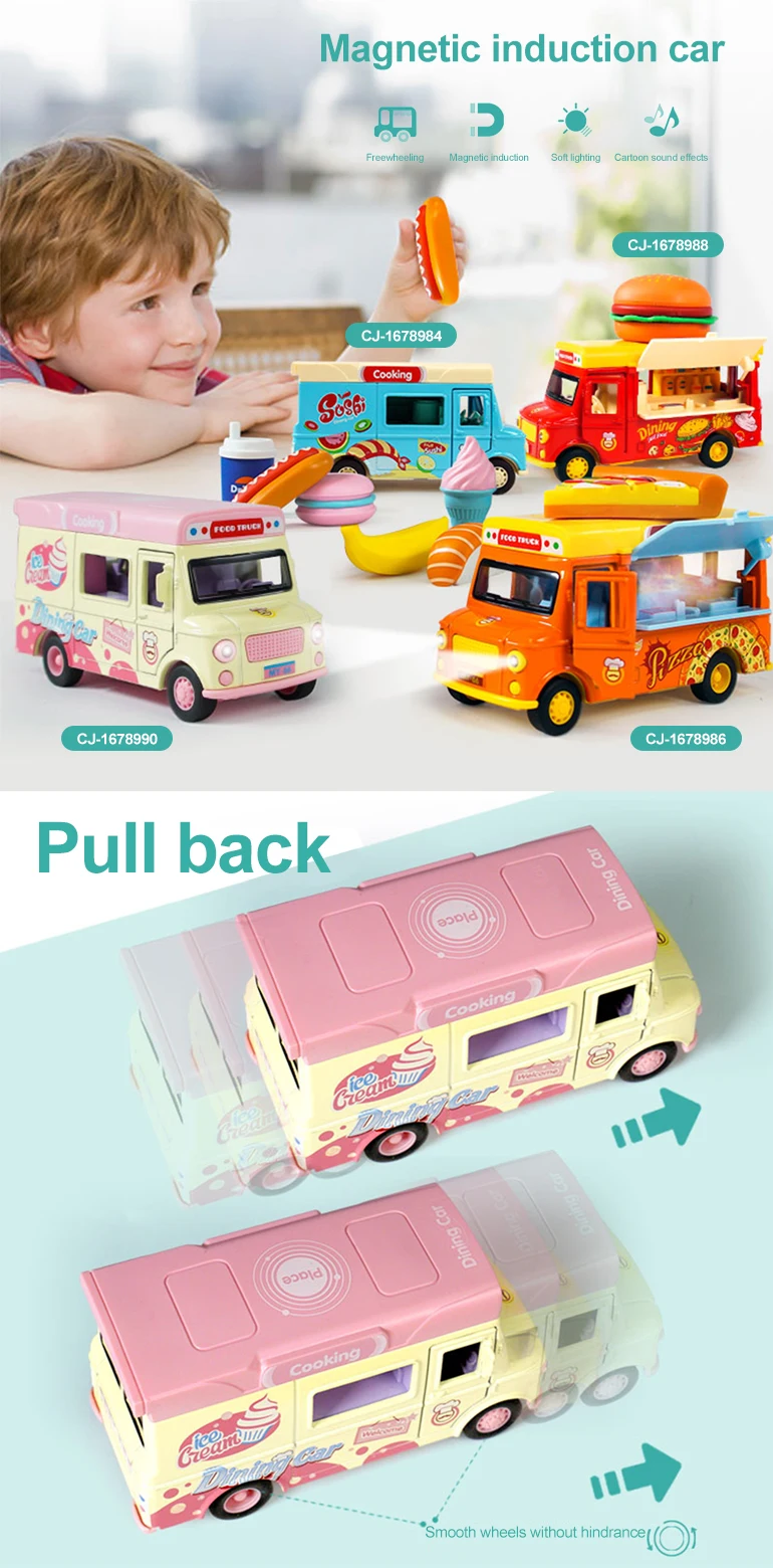 Dinner Food Cooking Light Music Alloy Pull Back Car For Kids, Educational Mini 1:36 Fast Food Diecast Metal Toys