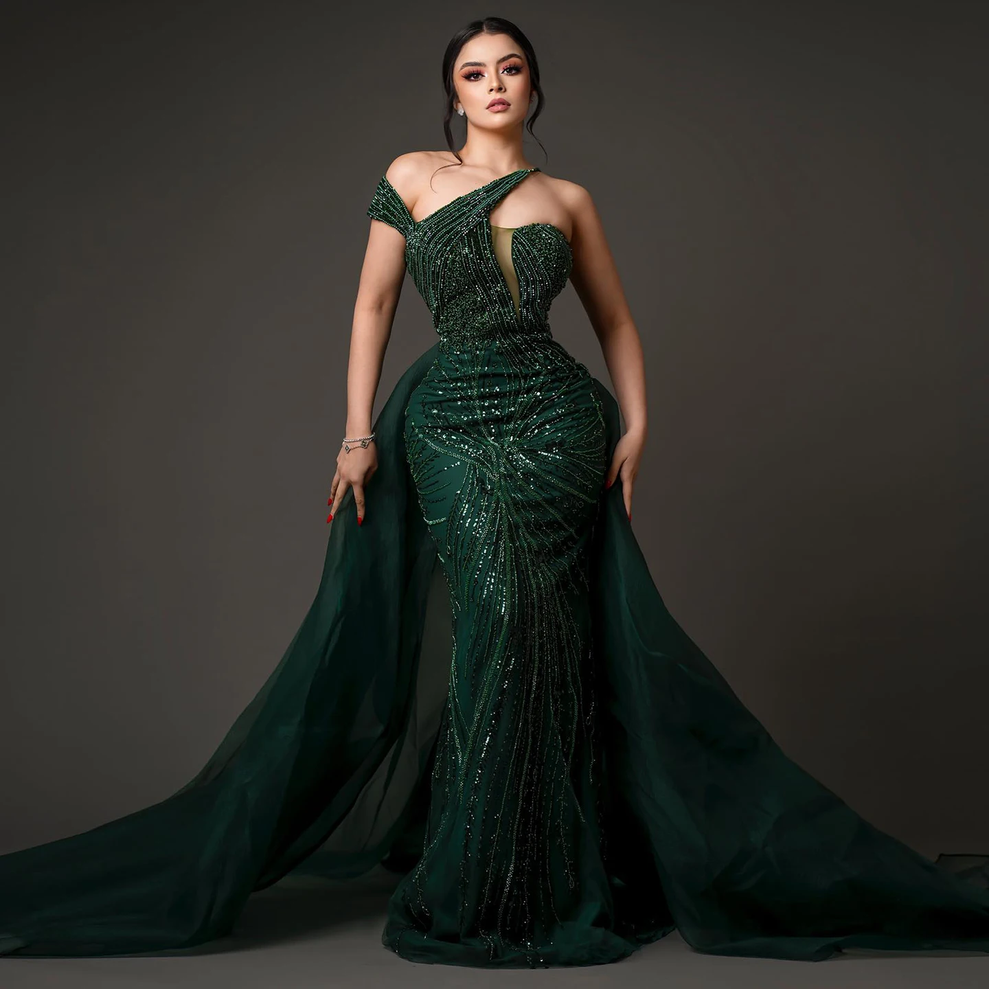 Sharon Said SS128 Luxury Emerald Green Evening Dress with Overskirt One  Shoulder Women Wedding Party Prom Formal Gown