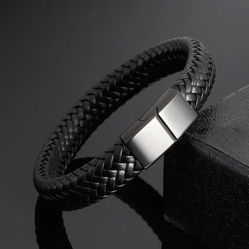 Luxury Men's Pu Leather Bracelet Stainless Steel Silver Gold Black ...