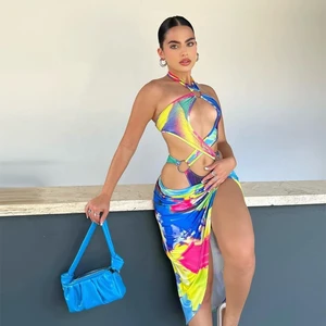 Manufacturer Custom New Sexy Print Two Piece Bikini Cover up Sarong Ring High Cut Swimsuit Women Cutout Front Cross Swimwear