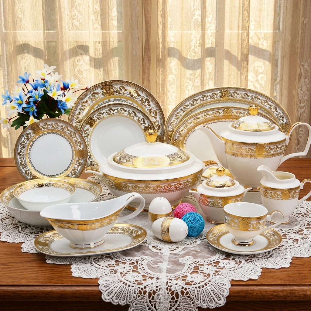 98-teiliges Bestseller Königliches Porzellan-geschirrset Luxuriöses Modernes Tafelservice Mit Geprägter Golddekoration Bone China Küchengeschirr