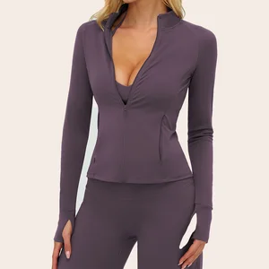 Women Running Jackets Athletic Workout Jacket Full Zip up Gym With Zipper Pockets Thumb Holes Yoga Top