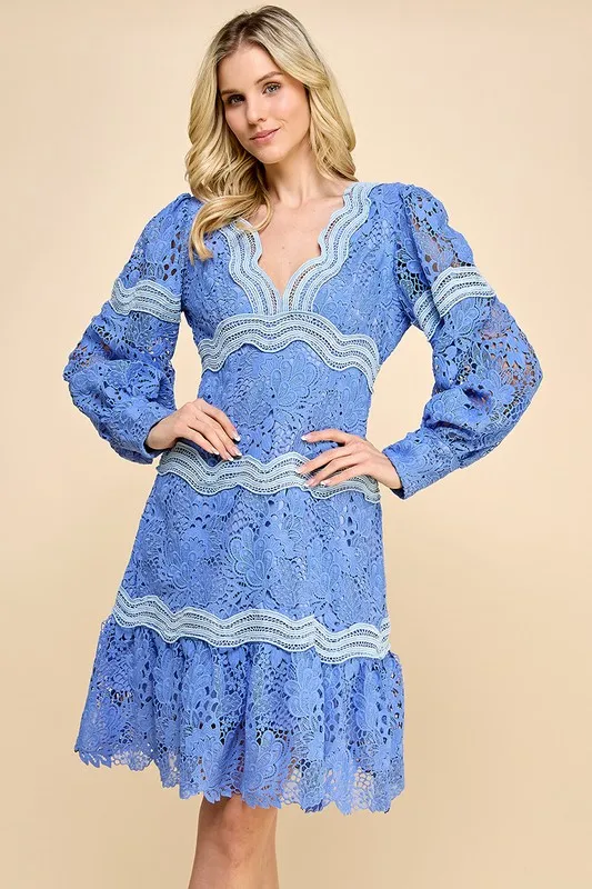 Elegant Ladies Dress With V-neck Lace Solid Pattern And Puff Sleeves Sweet Style Natural Waistline For Parties - Image 2