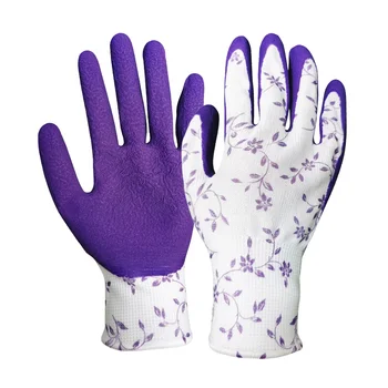 GR4001F 13G Flower printed Polyester liner rubber Latex foam coated wrinkled palm gardening safety work gloves for lady