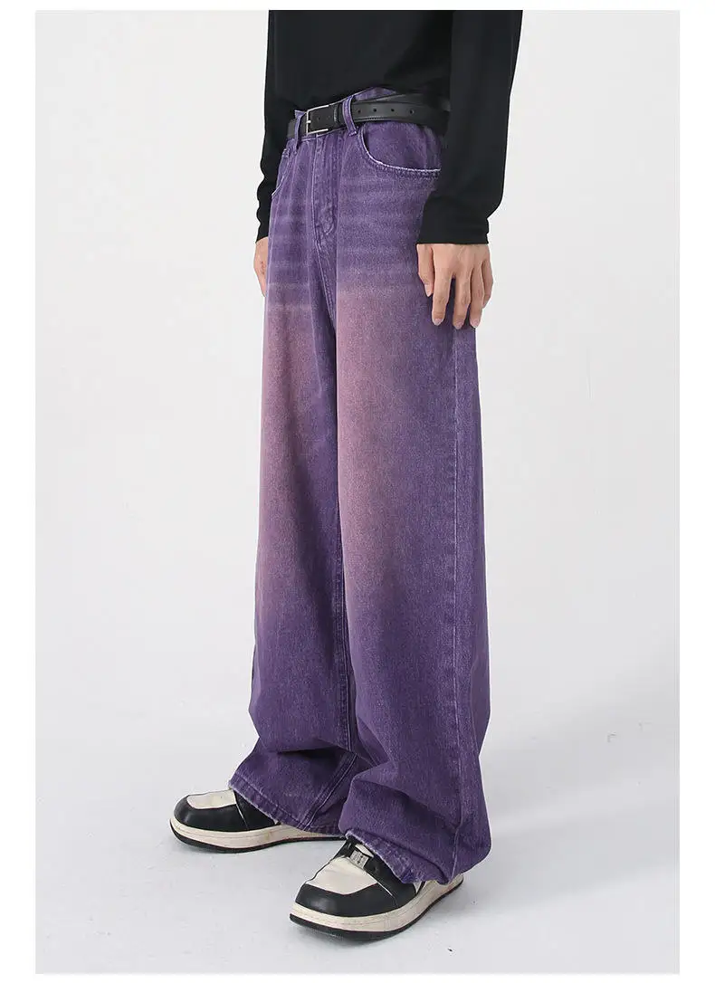 vintage colourful wide leg trousers jeans for men loose washed white purple straight jeans men