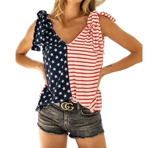Summer Usa Theme t Shirts Sleeveless Shoulder Ribbon Tie v Neck Patriotic Top Independence Day Shirt American Flag tank Top