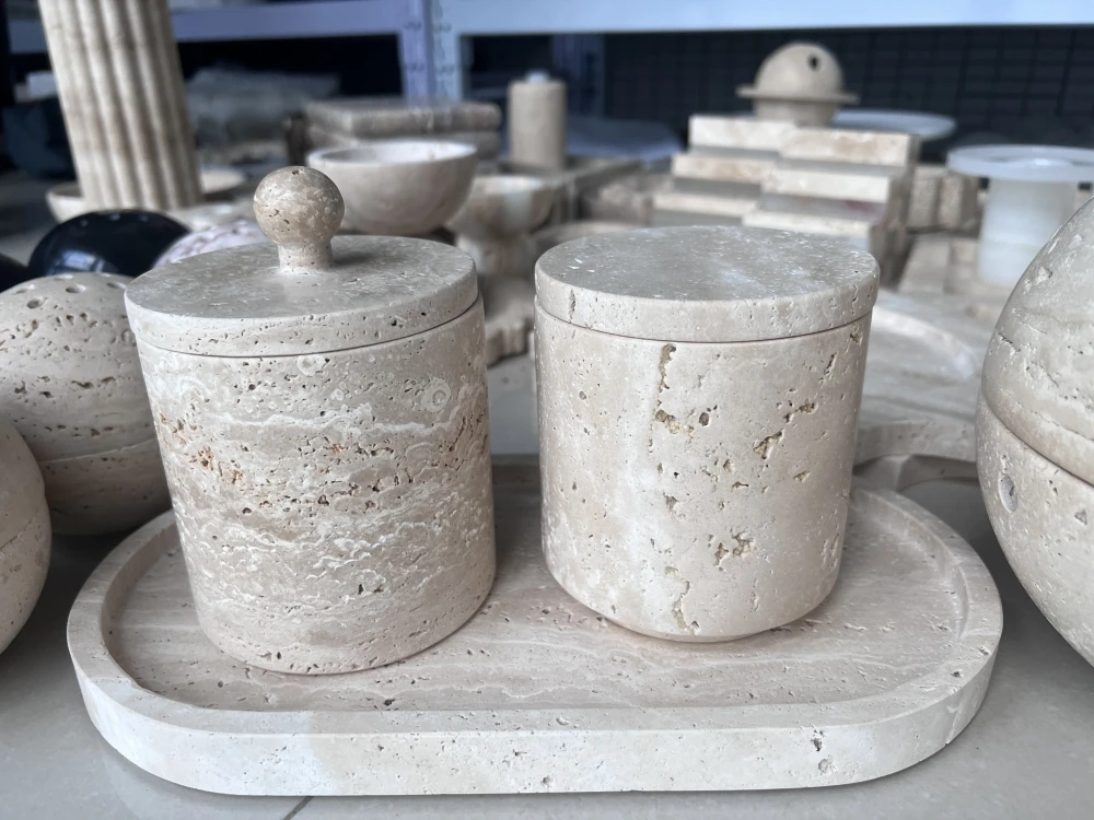 Stonekocc Wabi-sabi Beige Travertine Natural Marble Stone Sundries Storage Tank Candle Jars With Lid And Boxes Packaging