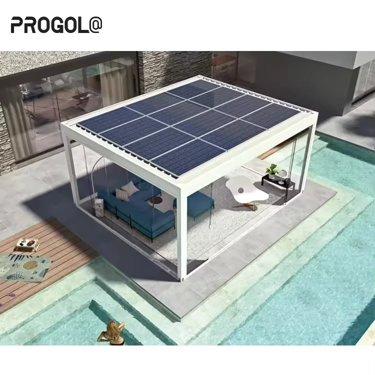 Solar Panel Pergola with Louvered Roof Aluminum Garden Gazebo Wooden Frame Outdoor Arch for Outdoor Living