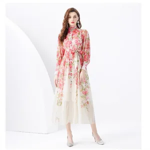 2026 Custom Boho Floral Print Woven Chiffon Casual Women's Long Sleeve Midi Summer Dress with Natural Waist A-line Skinny Fit