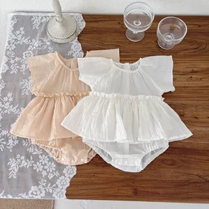 Summer Solid Neck Princess Romper Dress Lace Breathable Baby Romper