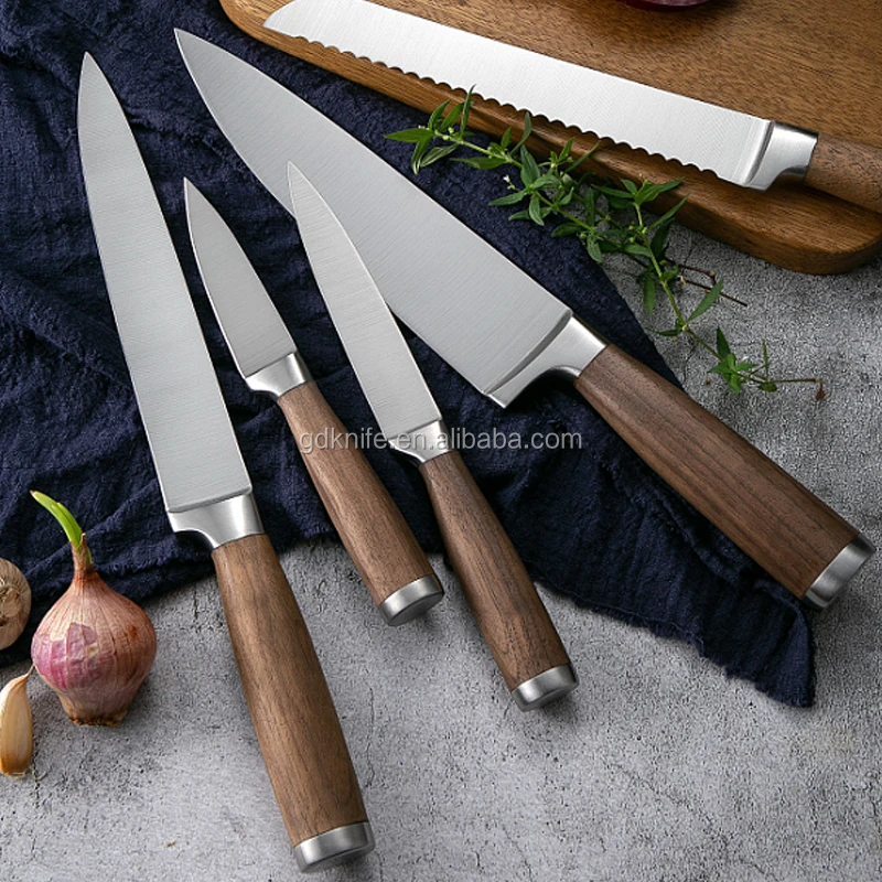 Hot Sale Professional 5 piece Kitchen Knife Set Stainless Steel wood handle chef steel kitchen knives with wooden block