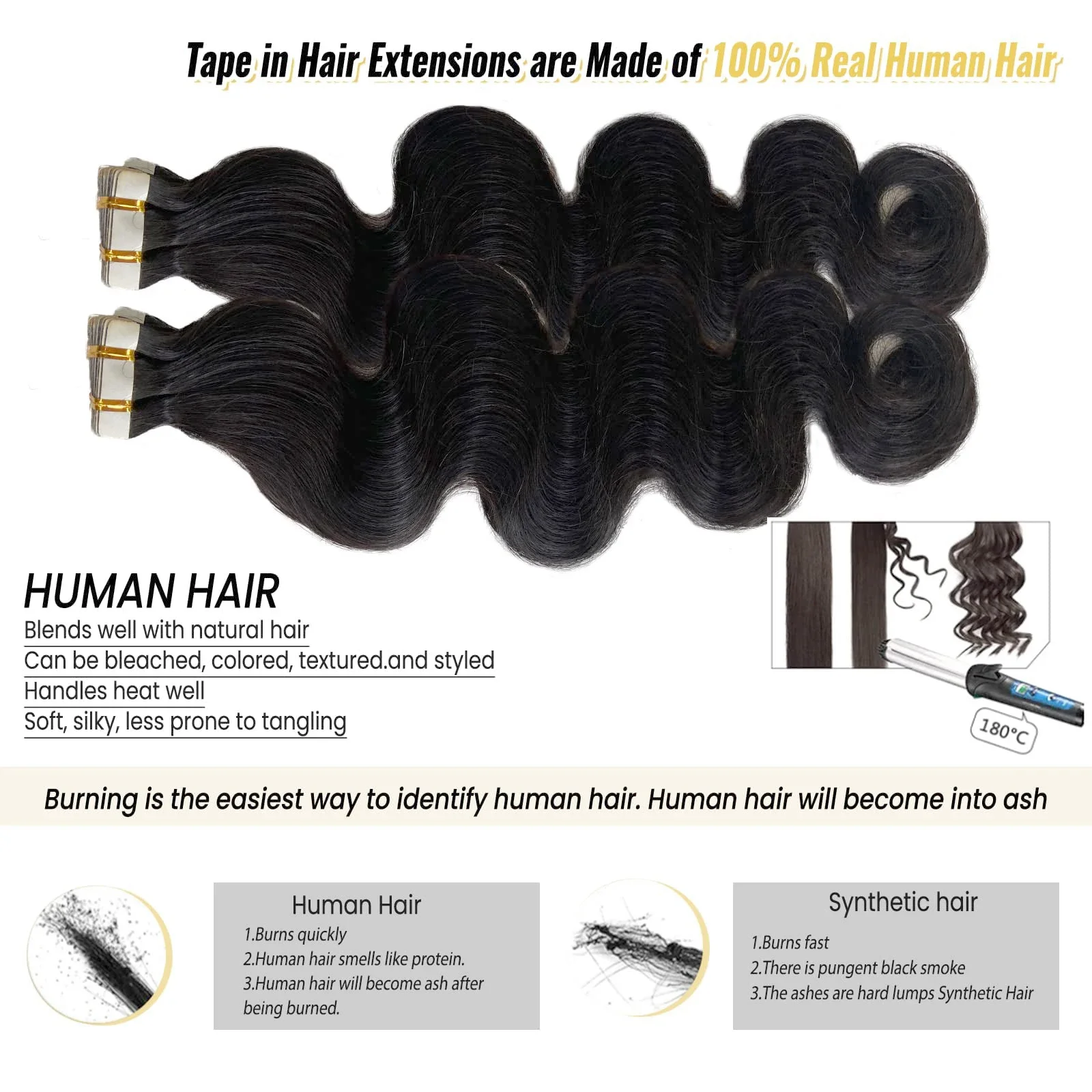 Bantlı İnsan Saçı Uzatma Vücut Dalgası Brezilya Remy Saç Doğal Siyah #1B_voghion.com