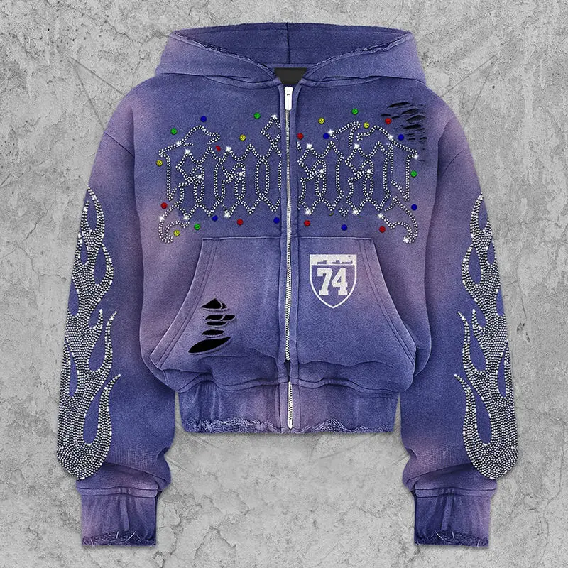 Salati Men's High Quality Hoodies 400GSM French Unisex Zip-up Crystal Diamond Rhinestone Sun Faded Boxy Acid Wash Drop Shoulder gallery 2