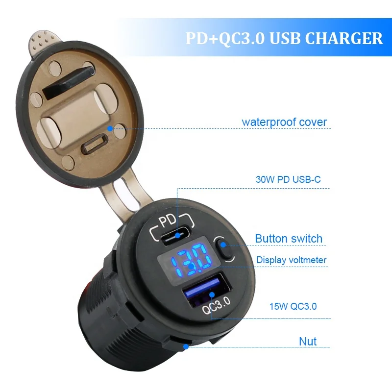 Presa per caricabatterie doppia USB da 45 W con voltmetro LED Interruttore ON OFF QC3.0 PC Tipo C Presa USB impermeabile Caricatore rapido per auto 12 V/24 V  34
