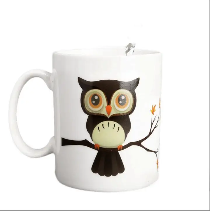 Custom Print Sublimation Blank Magic Heat Changing Coffee Mug Owl Pattern Ceramic Heat Sensitive Color Changing Cup