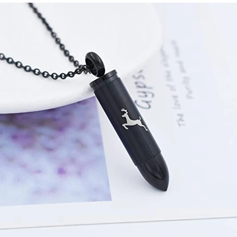 Bullet Cremation Jewelry for Ashes Vial Deer Engraved Urn Necklace Stainless Steel Ash Container Jewelry for Men Women
