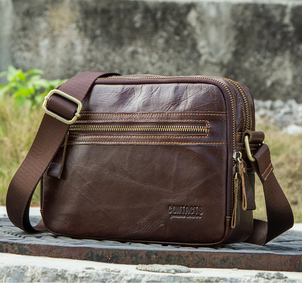 Contact's Men Messenger Bag 15.4インチ防水ヴィンテージ本革ブリーフケースSatchelショルダーコンピュータラップトップバッグ