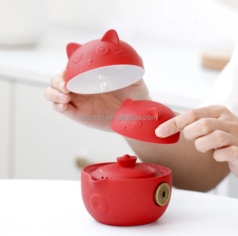 Cute Cat Ceramic tea set portable travel kungfu teapot set