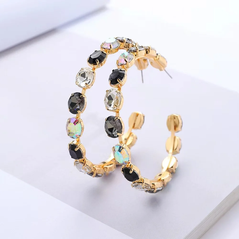 Trendy C Shape Rhodium Plated Hoops Women Jewelry Fashion Statement Glass Rhinestone Hoop Earrings