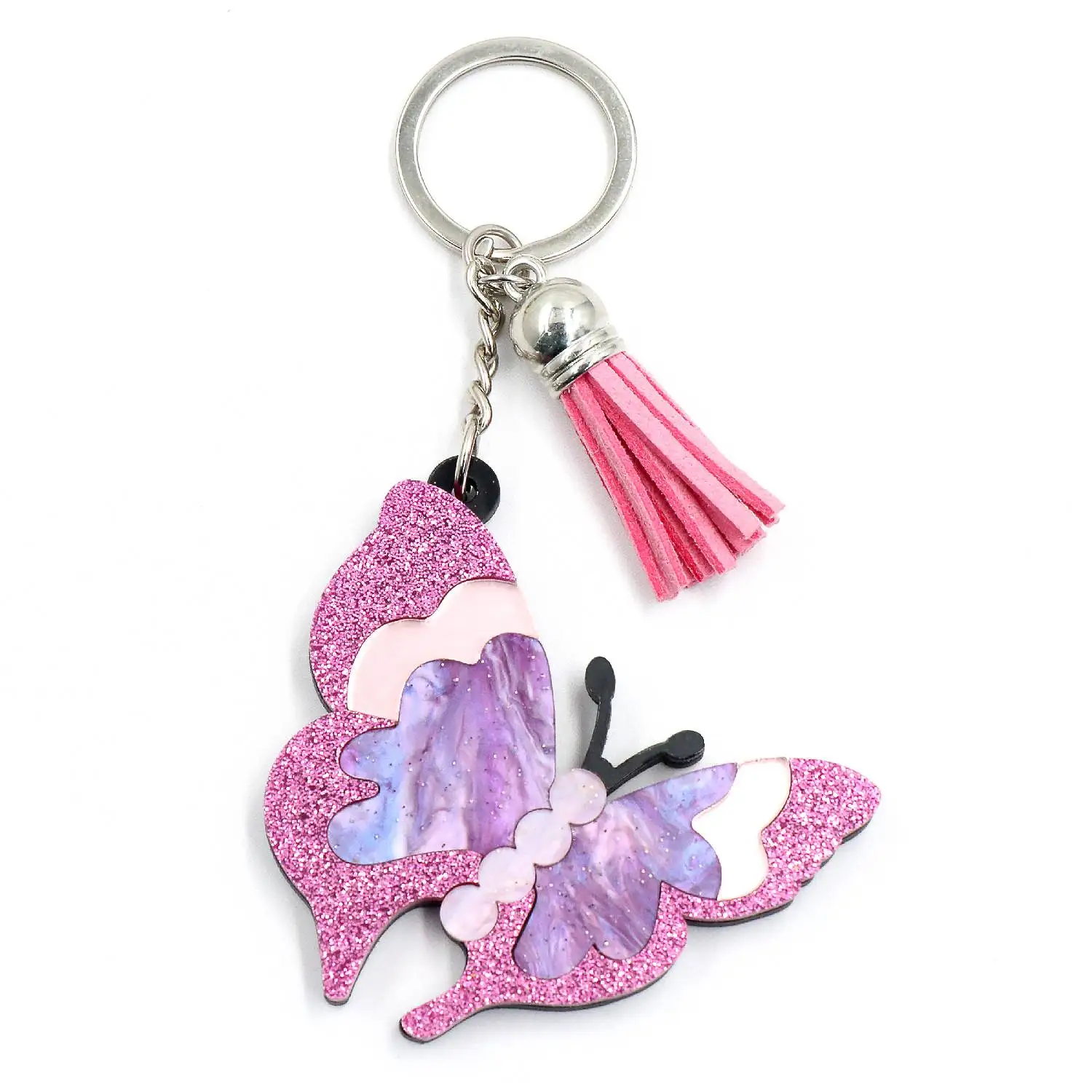 ZSHKH1357 Youth Girl Butterfly Keychain UV Printed Synthetic Animal with Acrylic Laser Cutting Stainless Steel Gift for Keys