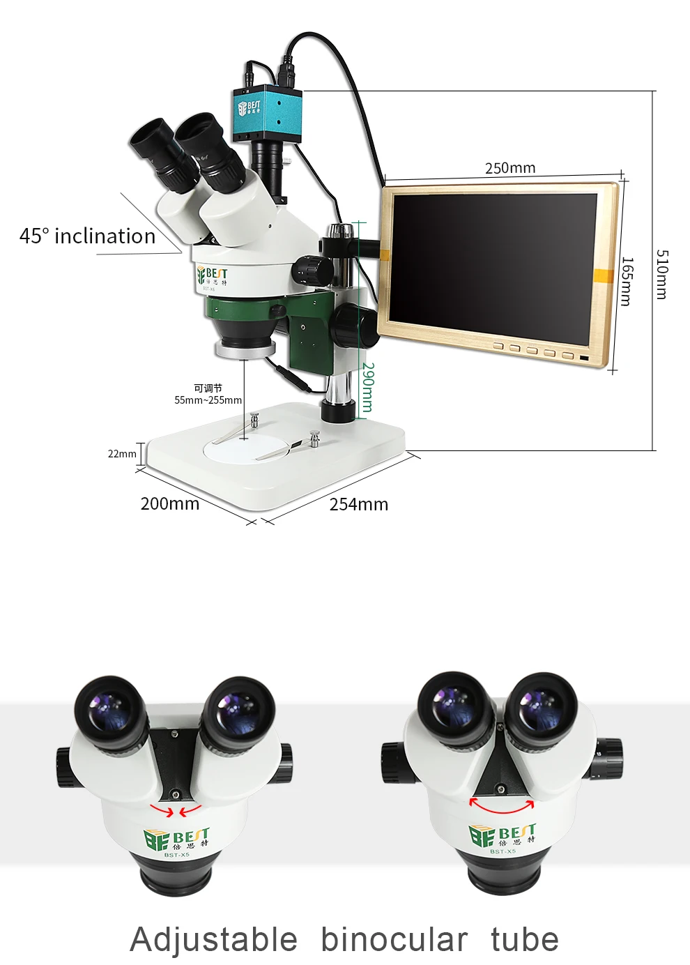 BEST X6II 7X-45X Digital Zoom Repair Mobile Phone PCB Inspection Stereo Trinocular Microscope With Camera