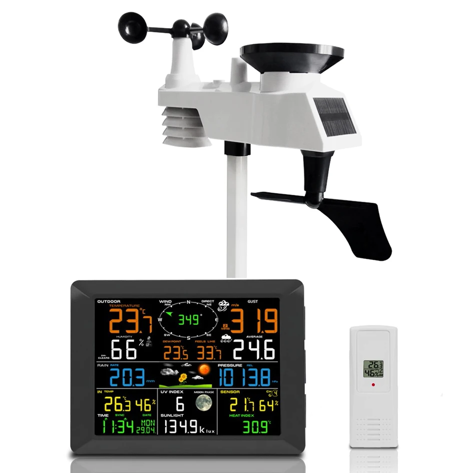 OEM Manufacturer Home Weather station with 7 in 1 Integrated thermo-hygro,  Wind, Rain, UV and Sunlight Sensor