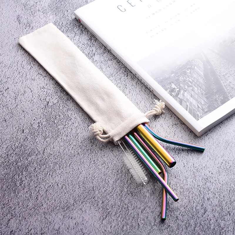 430 Material Straight Bent Reusable Stainless Steel Straw Set 8.5 Inch