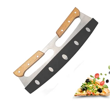 Pizza Cutter Rocker Stainless Steel Blade Knife With Double Wooden Handle