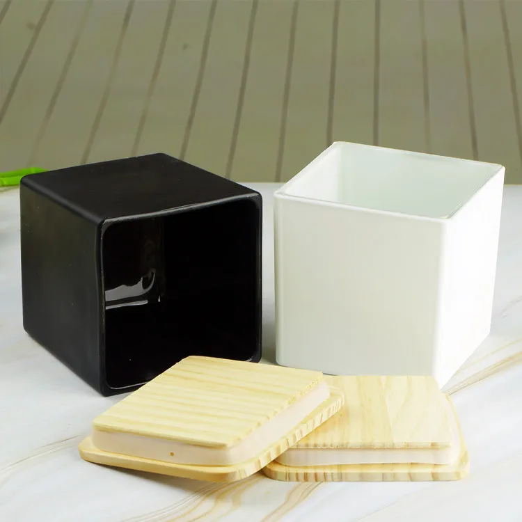Wholesale Square Black Glass Candle Container Candle Jar With Wooden