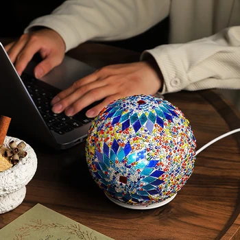 Bohemian Home Decoration Glazed Glass Ball Table Lamp 14cm Rotating Turkiye Moroccan Mosaic Night Light Plug-in USB LED Light
