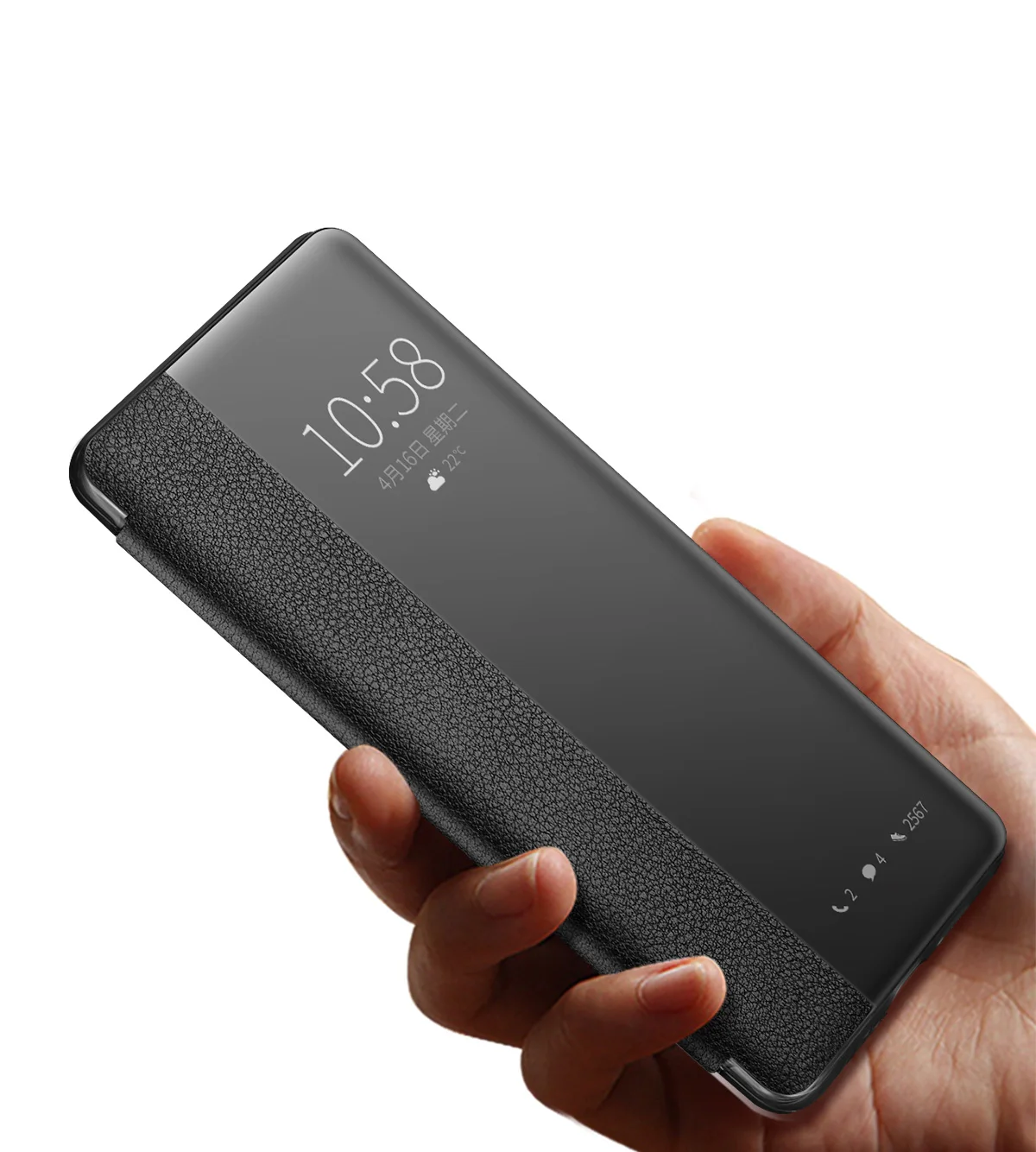 Protection Ecran Smart View Flip Faux Cuir Coque Noir KANSI Coque Compatible pour Huawei P30 Pro 