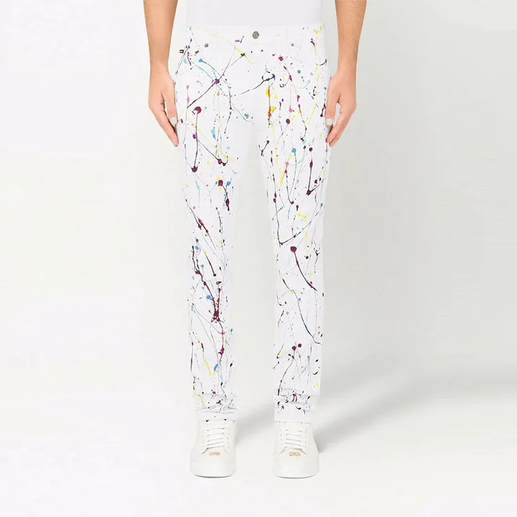 Good Quality Biker Pants Men's Paint Splatter Skinny Jeans White Stretch  Denim Pants Ripped Custom Jeans
