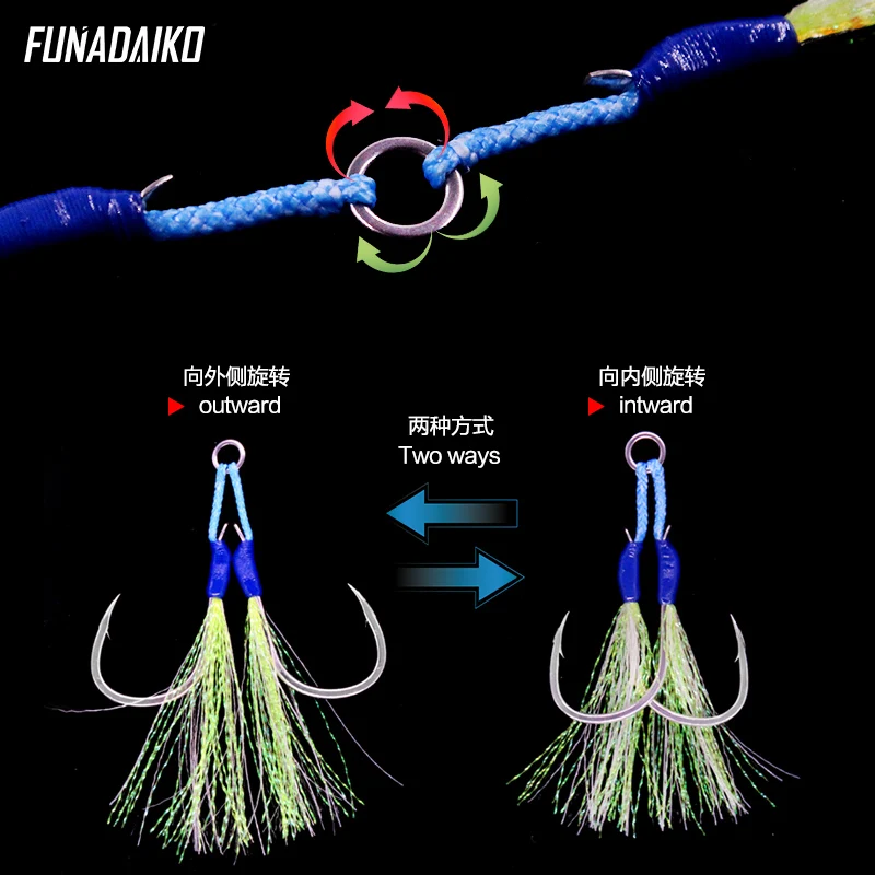 FUNADAIKO 8060 High Carbon Steel Hand Made Pike Saltwater Double Jig Hooks Jigging Hook with Barb Lumo Twin