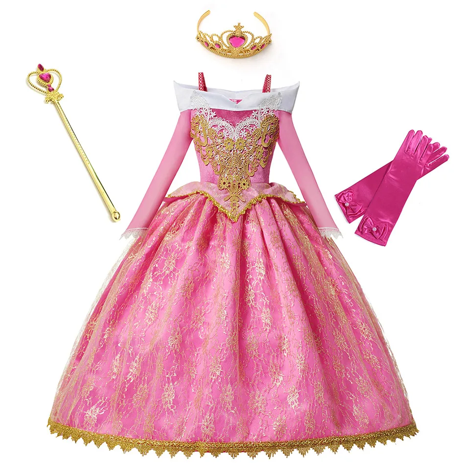 Girls' Birthday Princess Aurora Costume Dress in Pink with Long Sleeves