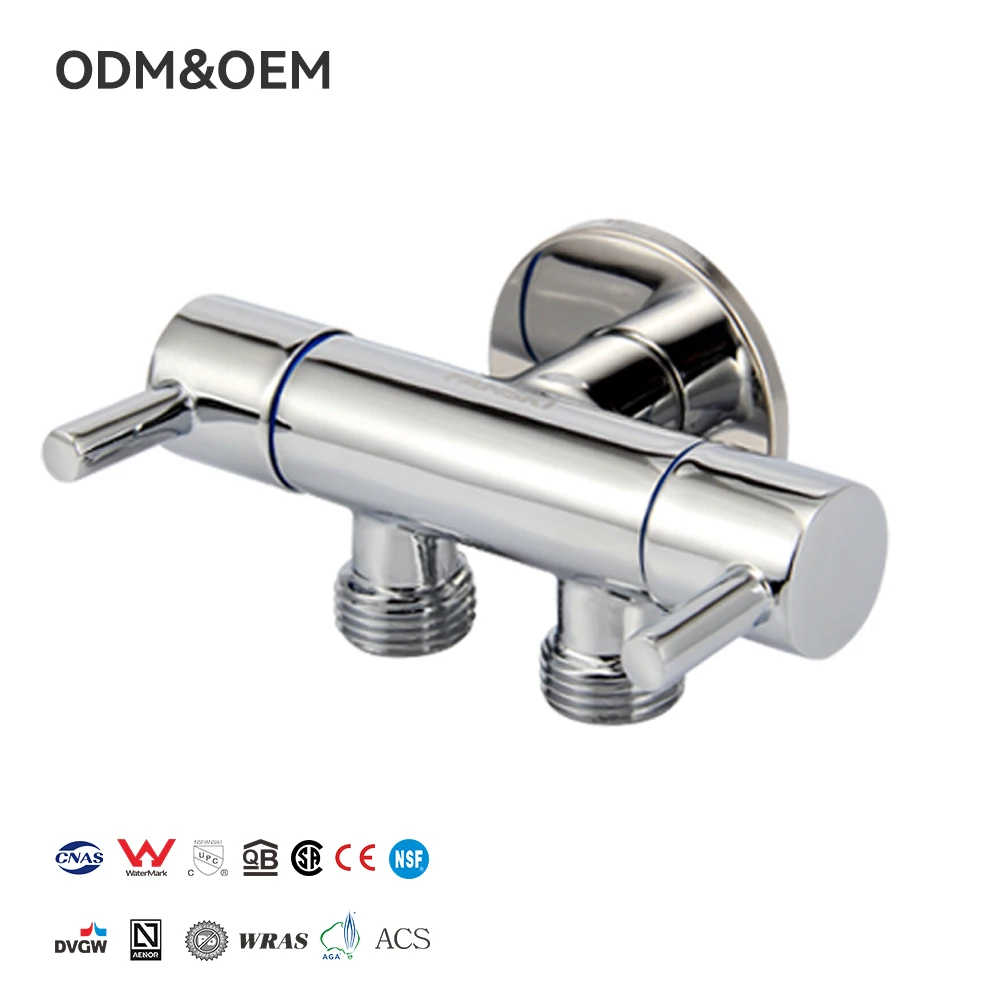 valvola tal-Kulħ Angle 1-In-2-Out, b’Żewġ Manigot, Kontroll Indipendenti tal-On/Off, Jista’ jikkonnettja Tubu tal-Magna tal-Lavaturi u WC