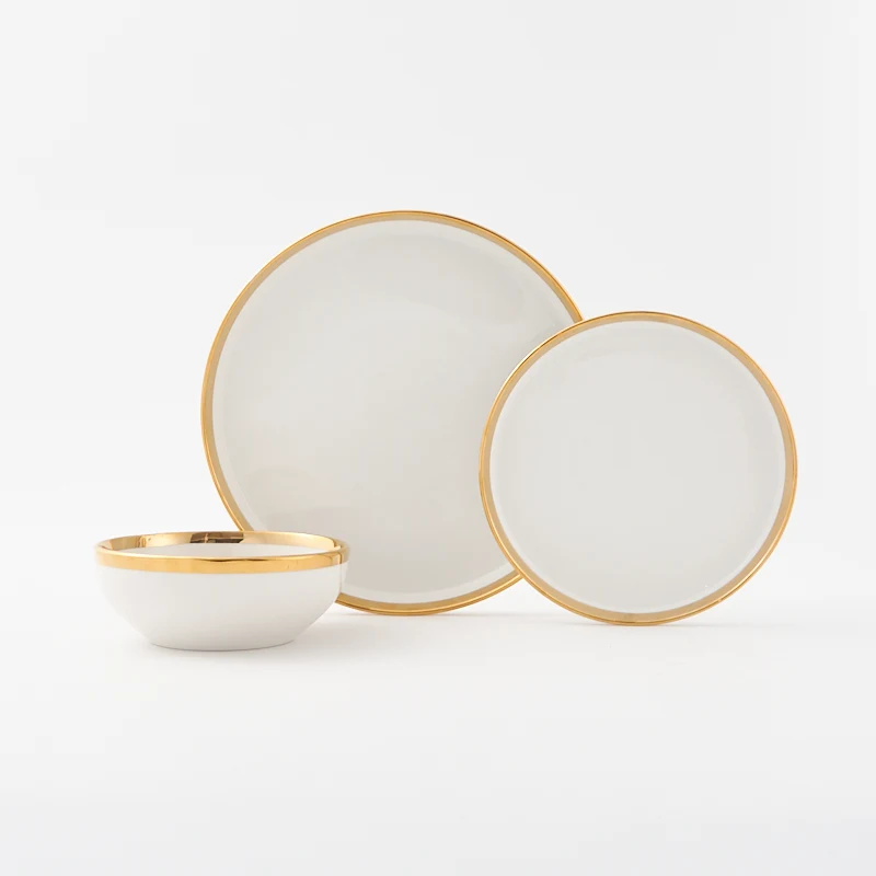 White Porcelain Dinner Plates with Gold-Plated Upright Edges Dishwasher Safe Ceramic Tableware for Home Dining and Picnics
