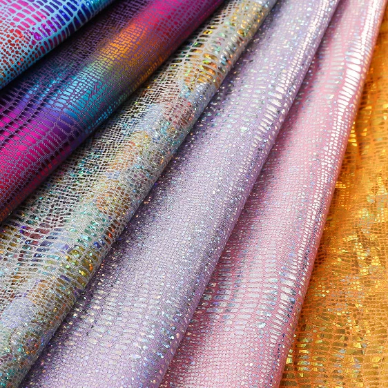 4 Way Stretch Recycling Laserable Metallic Rainbow Snake Texture Polyester Spandex Fabric for Swimsuit Making Bag Garment