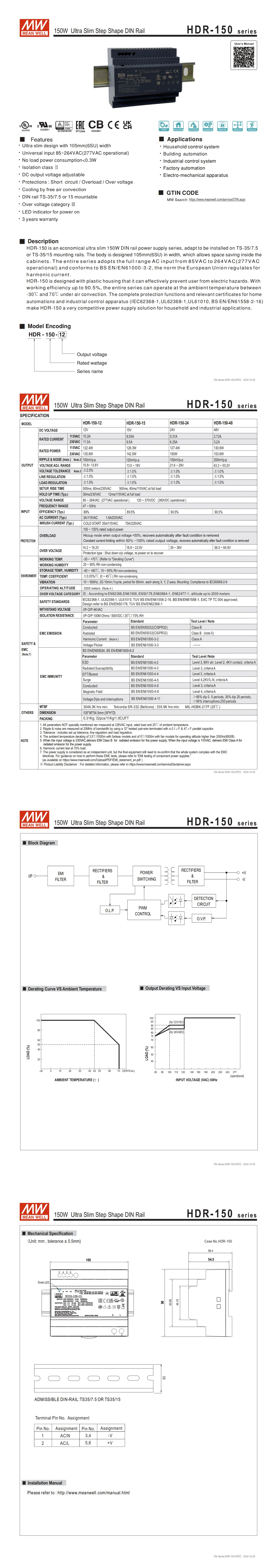 MeanWell Industry Single Output 10A Power Supply HDR-15-24/5/12 HDR-30-5/12/15/24/48v HDR-60-5/12/24/48 HDR-100-12/24/48N 48V