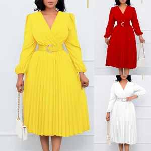 D3230 New Arrival Fall Dresses for Women Long Sleeve V-neck Mid Length Ladies Office Dresses Women Formal Work Pleated Dress