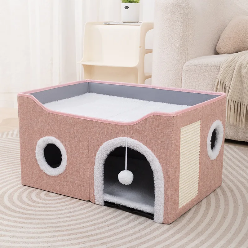 Foldable Cat Condo Cat House with Scratch Pad and Fluffy Ball