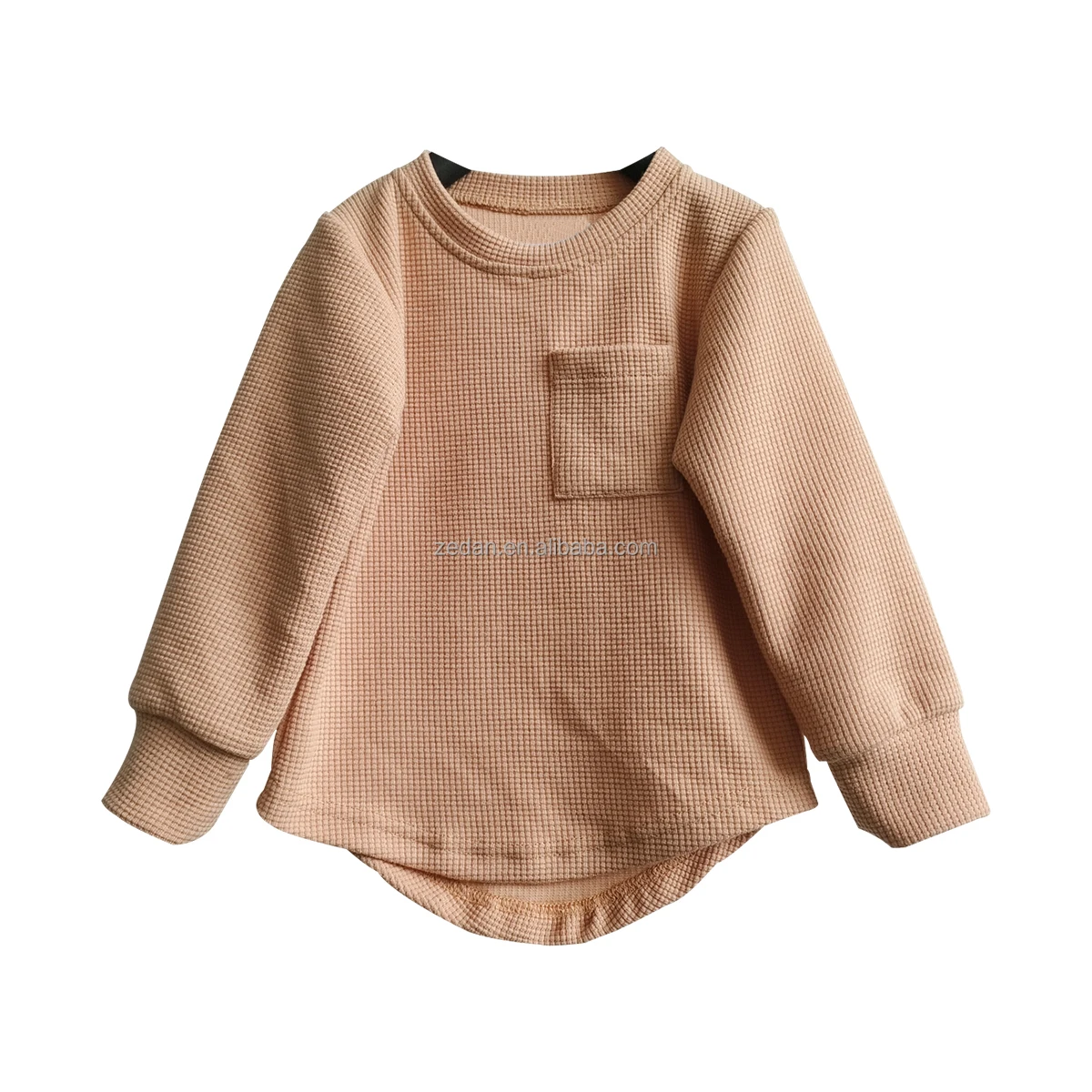Wholesale Baby Clothing Tshirt Solid Waffle Long Sleeves Curved Hem
