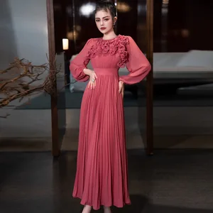 Fashion Luxury 2025 Ramadan 3D Flower Lantern Long Sleeve Solid Color Elegant Evening Dress Round Neck Pleated Long Women Dress