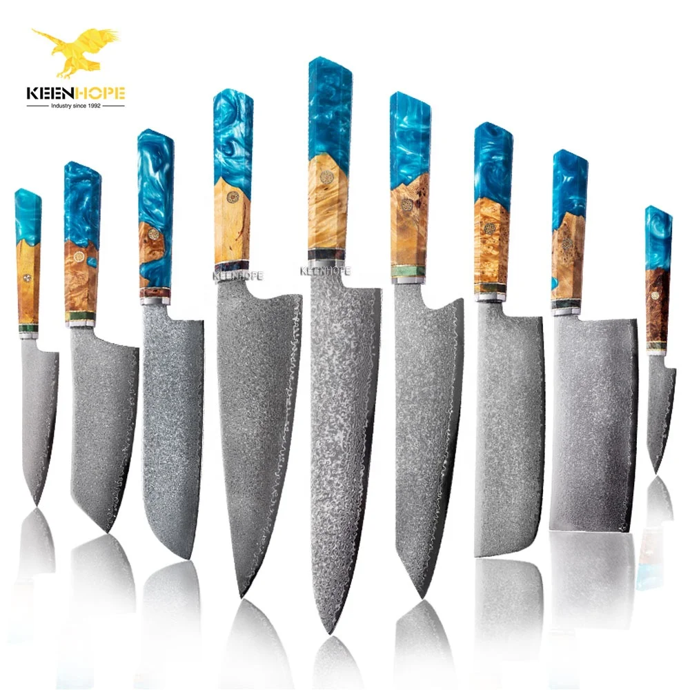 KEENHOPE Professional Kitchen Knife Set 9Pcs Damascus 67 Layers VG10 Composited Resin Stainless Steel Blade with Blue Maple Burl